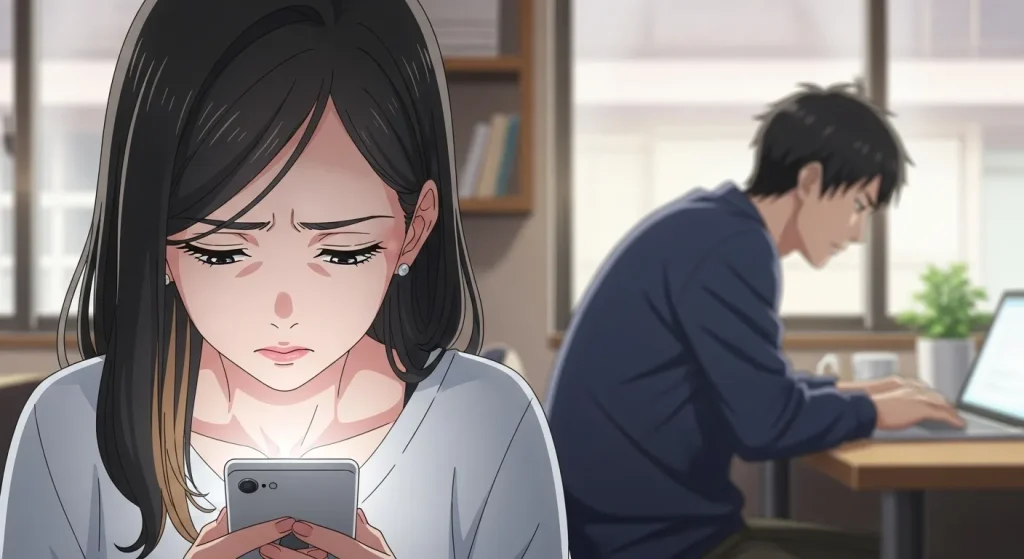 既読無視された女性がスマホを見て不安になり、奥で男性が仕事に集中している様子のアニメイラスト