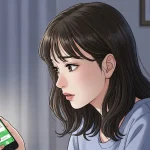 夜にスマホを見ながら既読無視に悩む女性のアニメイラスト