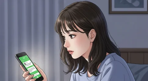 夜にスマホを見ながら既読無視に悩む女性のアニメイラスト