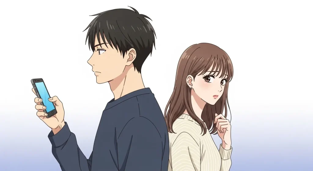 既読無視が続き気持ちが冷めた可能性を表す男女の距離感を描いたアニメイラスト