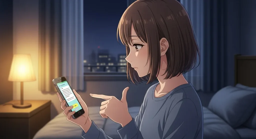 既読無視された女性が夜に追いLINEを送るタイミングを考えているアニメイラスト