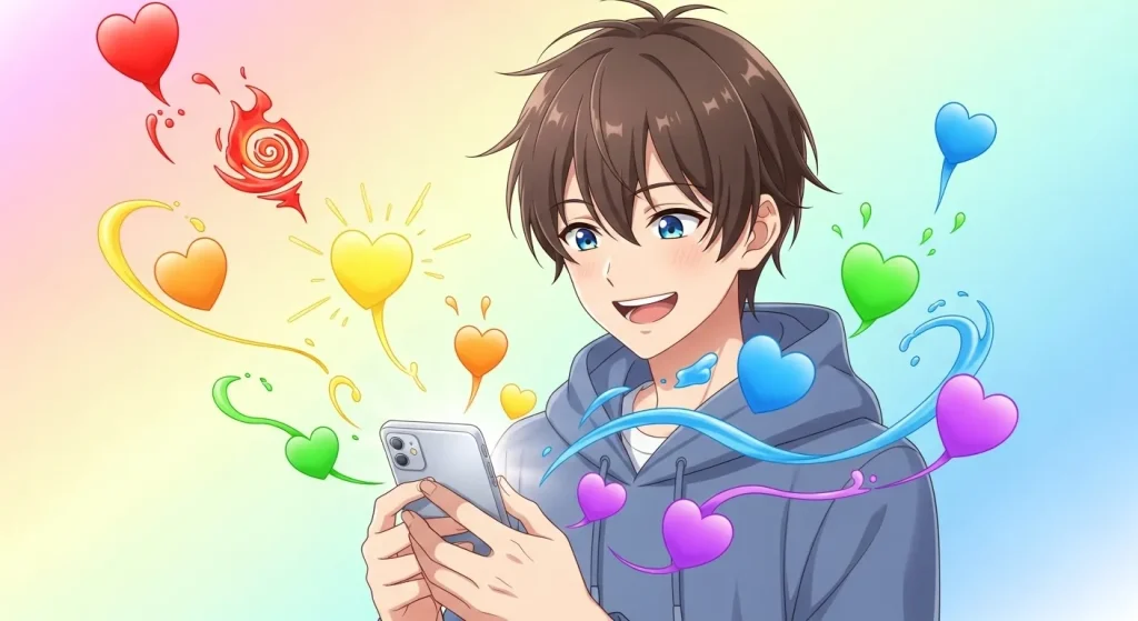 LINEで男性が色々なハートマークを送る心理をイメージしたイラスト