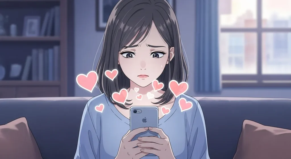 LINEのハートマークを見て困惑する女性のイメージイラスト