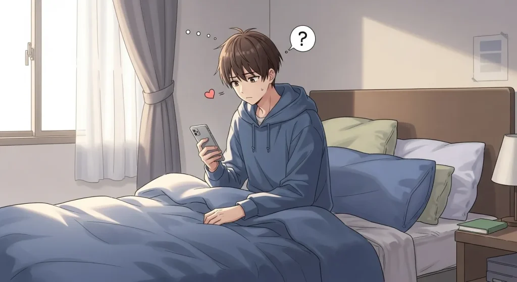 LINEでハートマークを送るか悩む男性のイメージイラスト