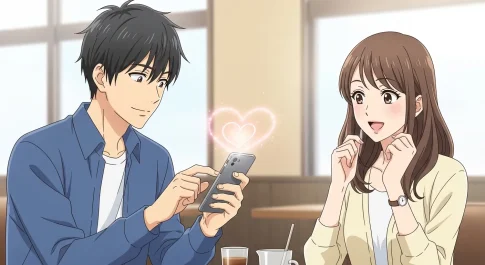 男性からLINEでハートマークが送られて嬉しそうな女性のイメージ