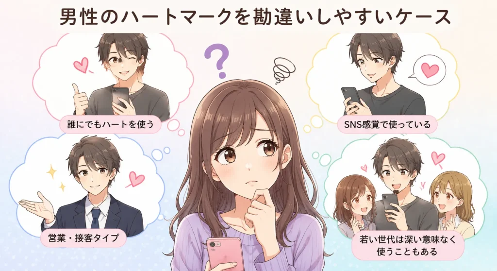 男性のハートマークを脈ありと勘違いして悩む女性のアニメイラスト
