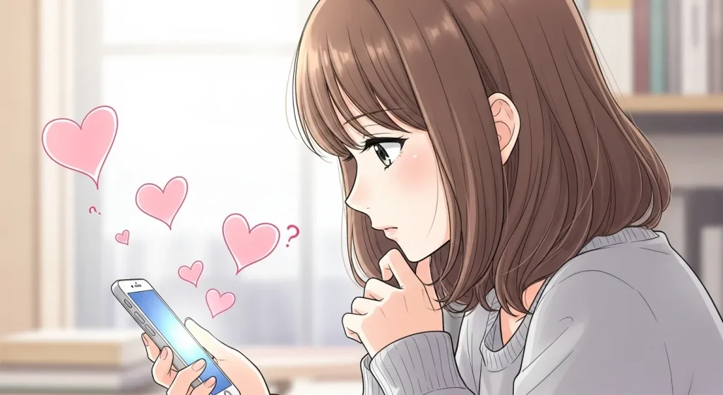 男性から送られたハートマークの意味を考える女性のイメージイラスト