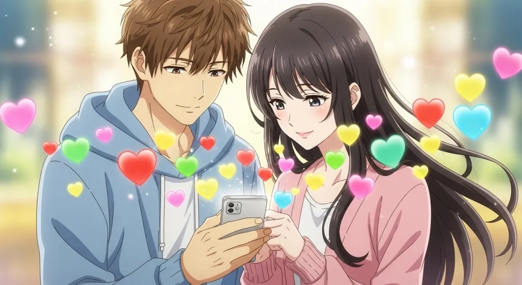 LINEのハートマークを見て微笑む男女のイメージイラスト