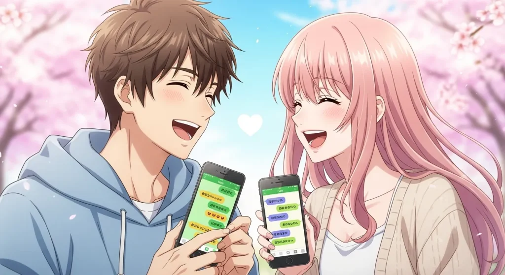 白いハートのメッセージを見て笑顔でやり取りする男女のイラスト