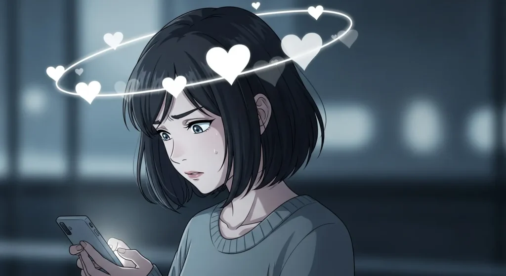 白いハートに悩む女性 スマホを見て脈ありか考える心理イメージ