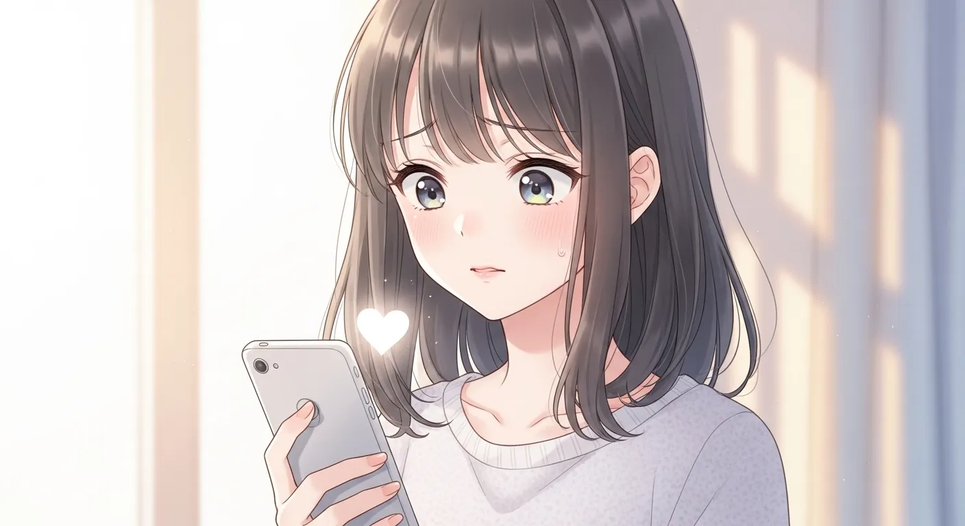 白いハートのメッセージに嬉しそうな表情をする女性のイラスト