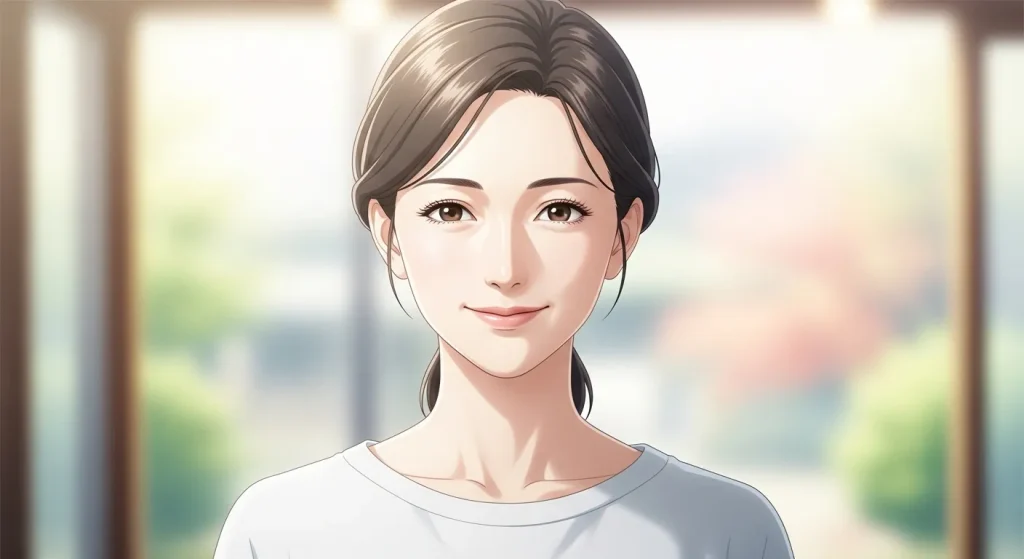 秋田っぽい顔の特徴である柔らかい雰囲気と整った顔立ちを持つ女性のイラスト