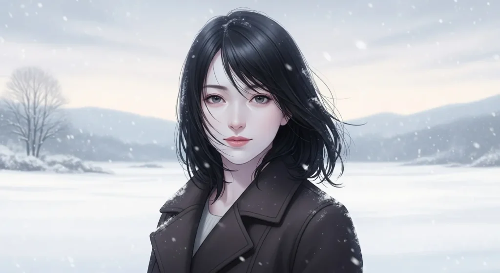 雪景色の中に立つ色白の女性のイラスト（秋田美人と東北の特徴イメージ）