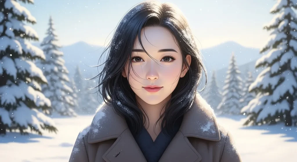 秋田美人が美しく見える理由である雪国の環境と色白で透明感のある肌を表現した女性のイラスト