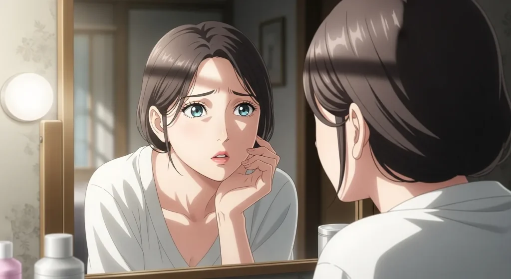 鏡で自分の目の色を確認する色白の女性のイラスト（目が明るく見える理由のイメージ）