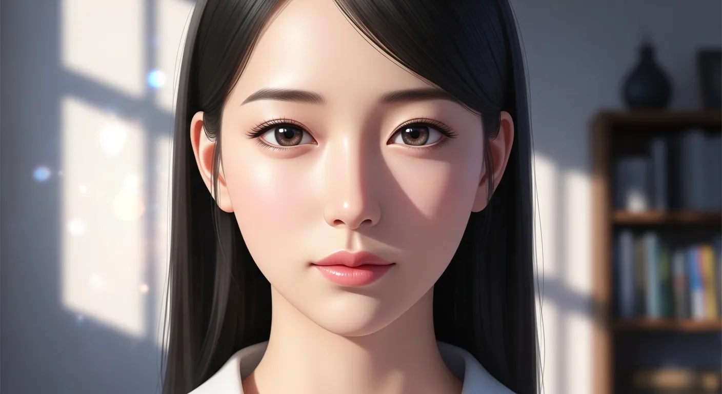 透明感のある肌と明るいブラウンの瞳を持つ女性のイラスト（秋田美人の特徴イメージ）