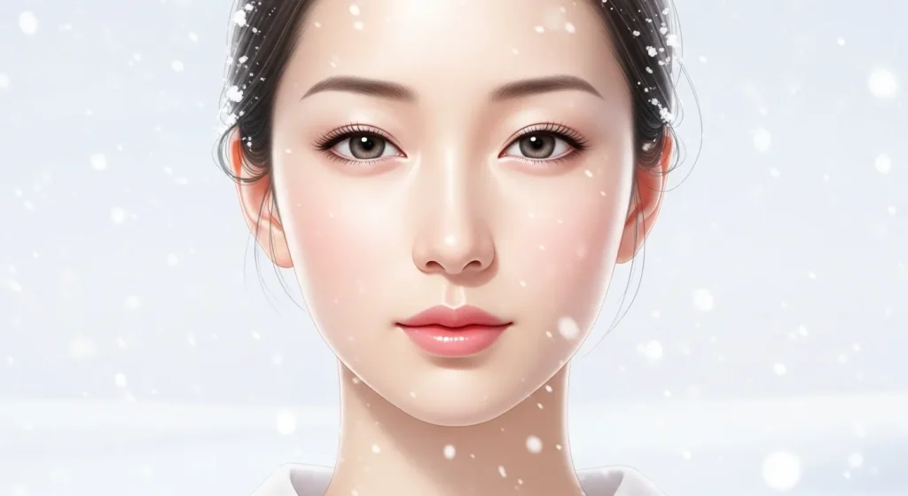 秋田美人の特徴である色白で透明感のある肌と整った顔立ちを表現した女性のイラスト