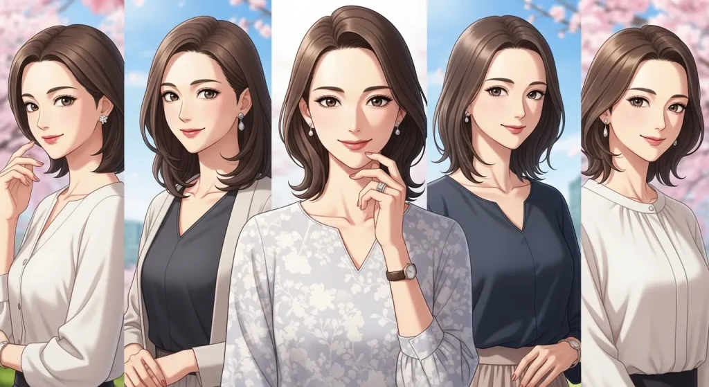 秋田美人の顔の特徴をイメージした色白で整った顔立ちの女性たちのイラスト