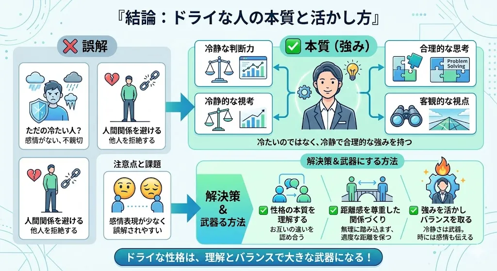 ドライな人の本質と特徴・誤解・強み・人間関係での活かし方をまとめた図解