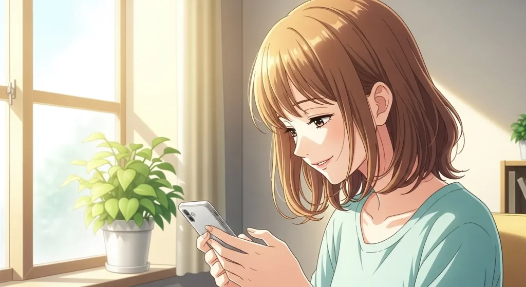 明るい部屋でスマホを見ながら返信しやすいメッセージを送る女性を描いた実践テクニックのイラスト