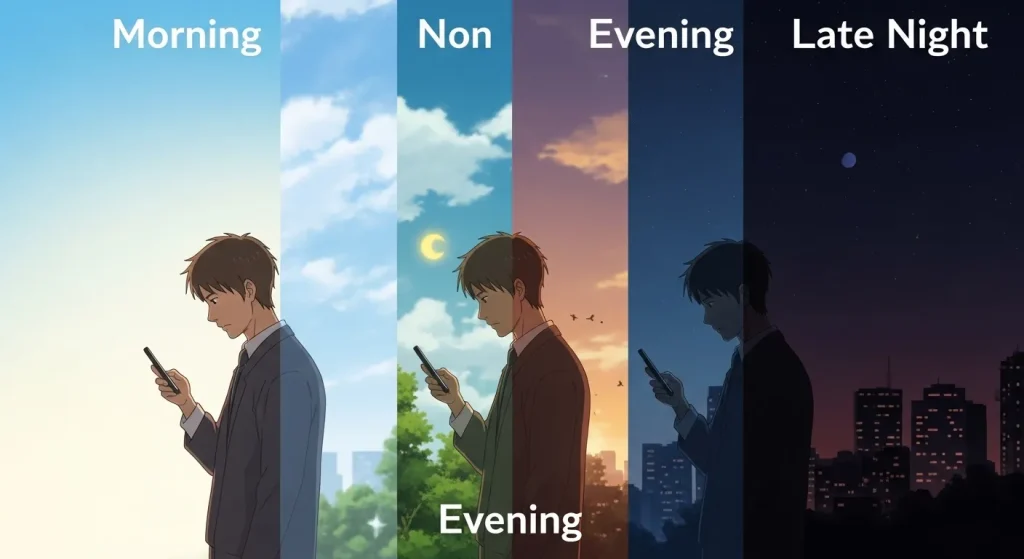 朝昼夜深夜の時間帯ごとにスマホを確認する男性を描き返信が来る時間帯でわかる男性心理を表したイラスト