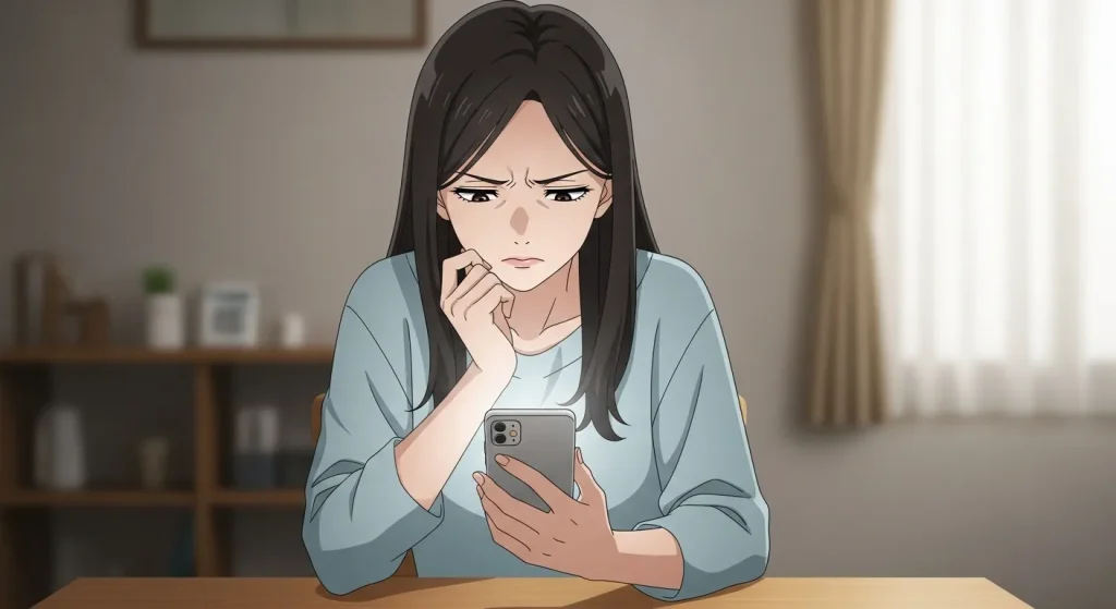 スマホを見ながら返信が遅い男性に不安を感じて悩む女性のイラスト