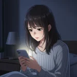 夜にスマホを見ながら男性から返信が来ず不安になる女性のイラスト
