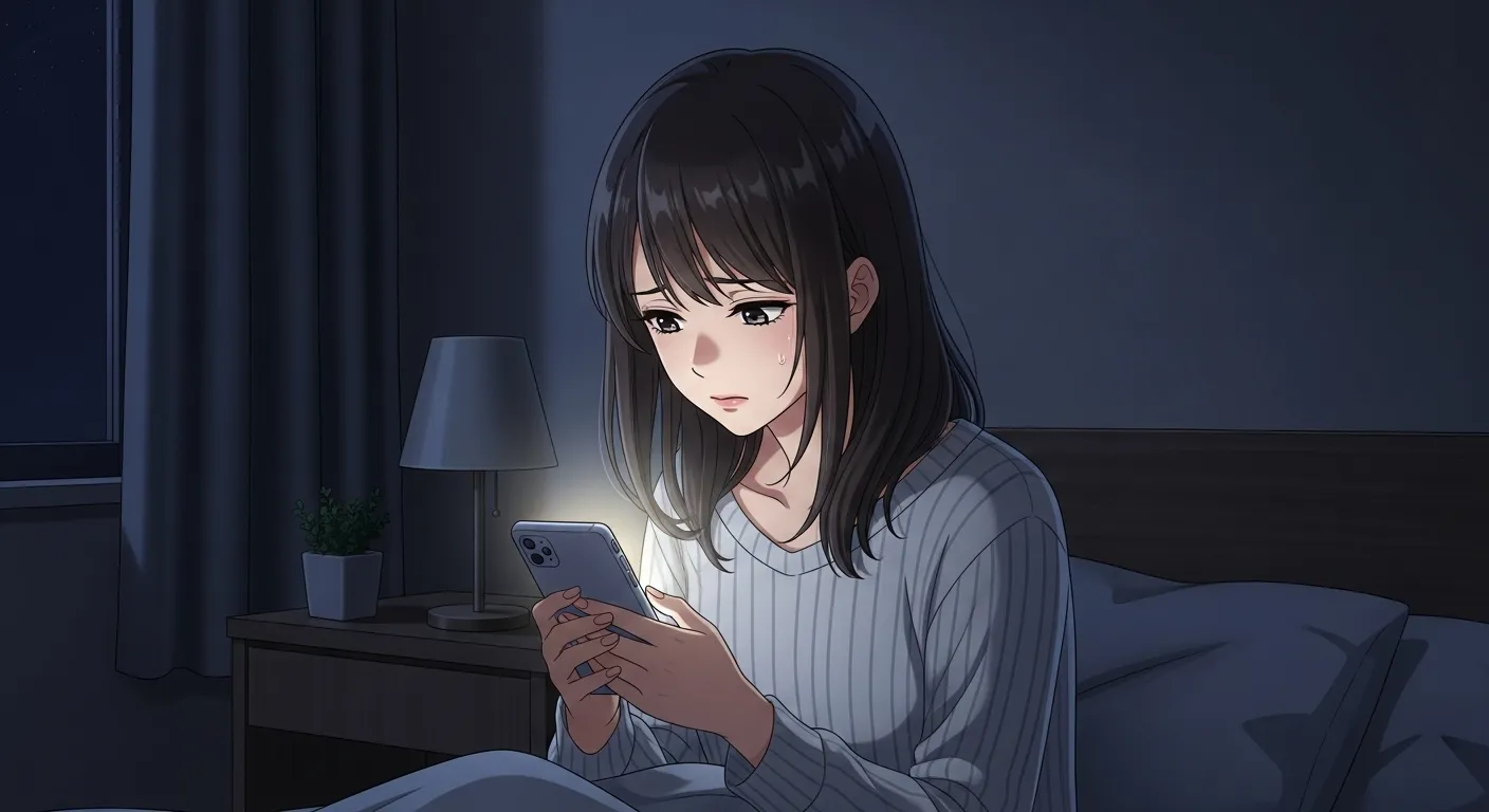 夜にスマホを見ながら男性から返信が来ず不安になる女性のイラスト