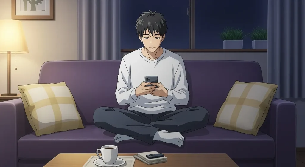 夜のリラックス時間にソファでスマホを見ながらまとめて返信する男性を描いたイラスト
