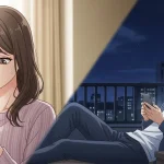 返信が遅い男性に不安を感じる女性と、夜にスマホを確認する男性の心理的なすれ違いを描いたイラスト