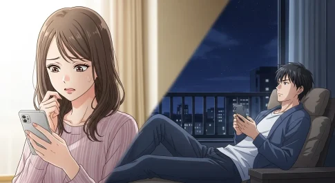 返信が遅い男性に不安を感じる女性と、夜にスマホを確認する男性の心理的なすれ違いを描いたイラスト