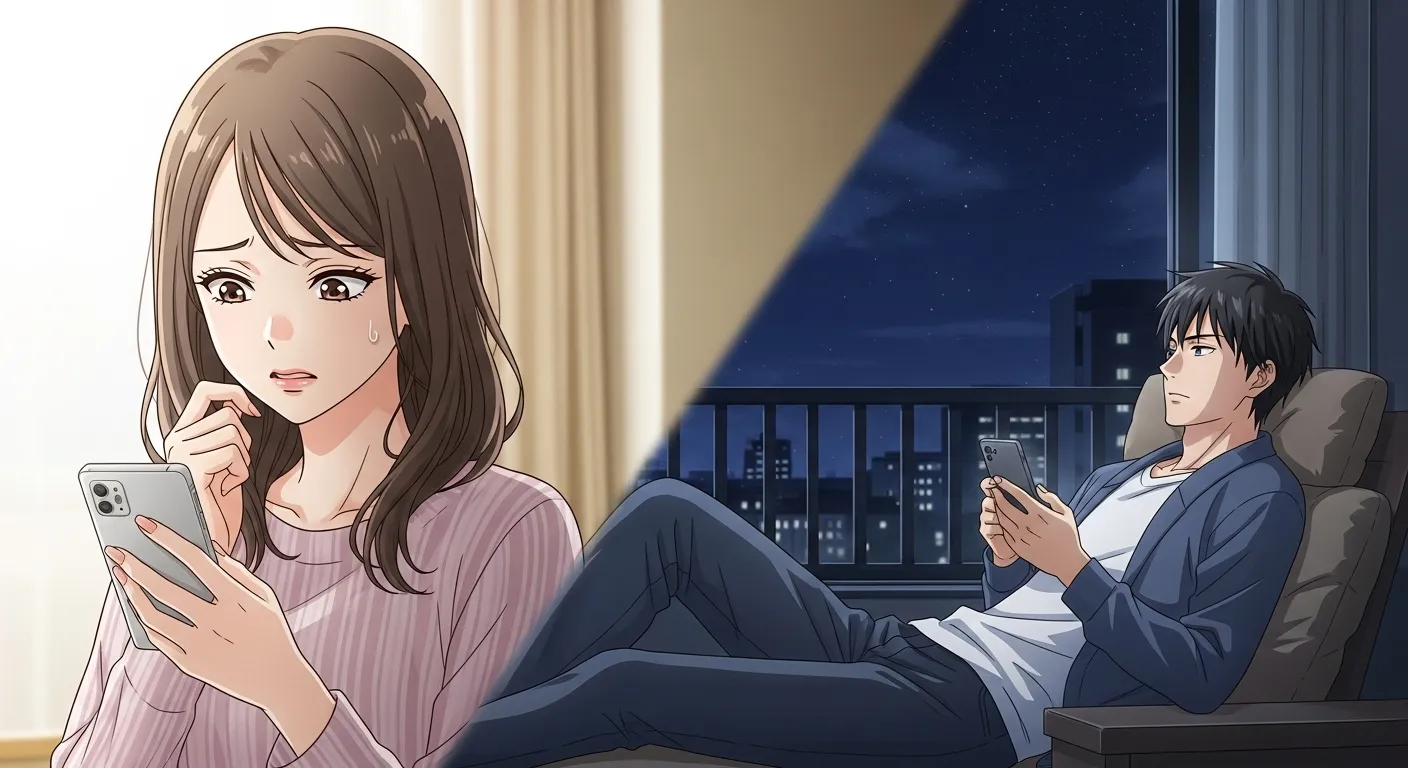 返信が遅い男性に不安を感じる女性と、夜にスマホを確認する男性の心理的なすれ違いを描いたイラスト