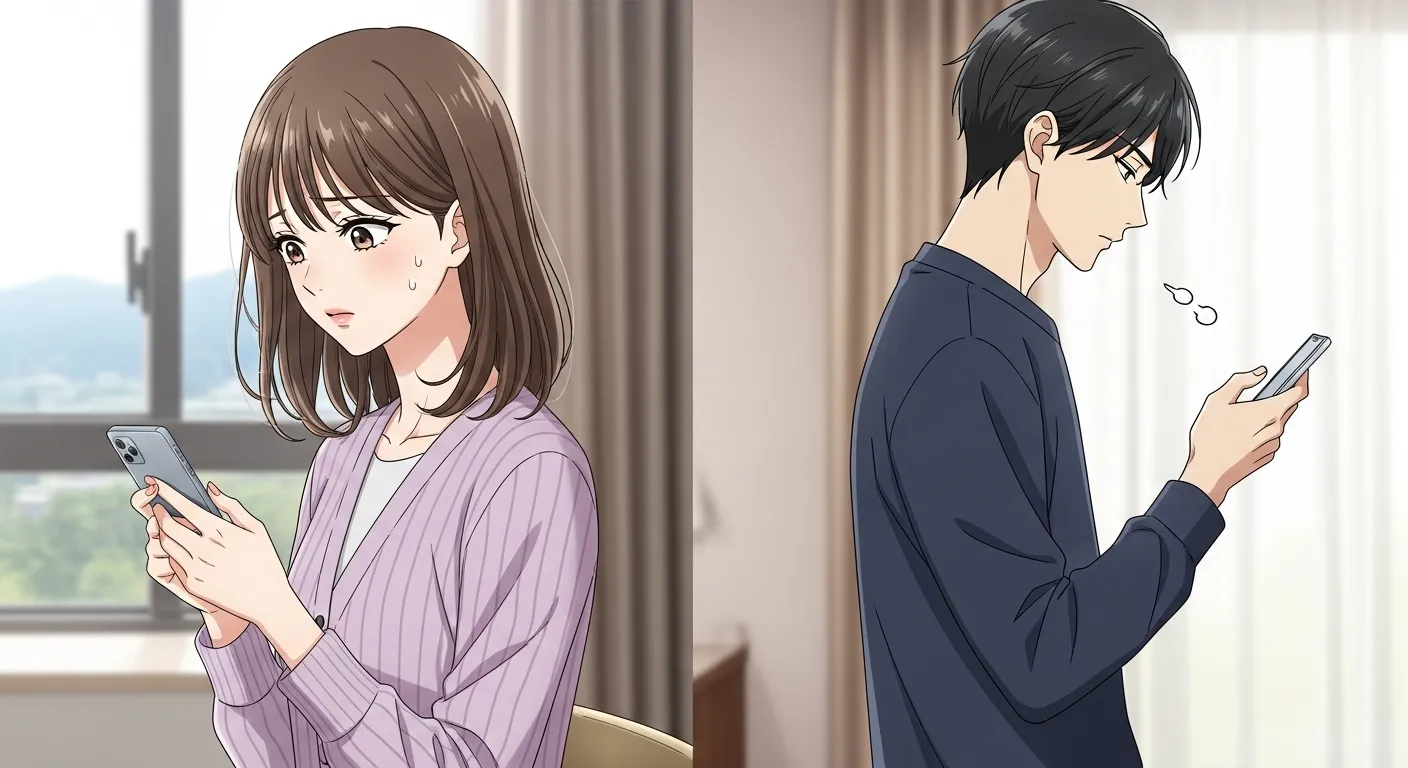 返信が遅い男性に不安を感じる女性とスマホを見る男性の心理的な距離感を表したイラスト