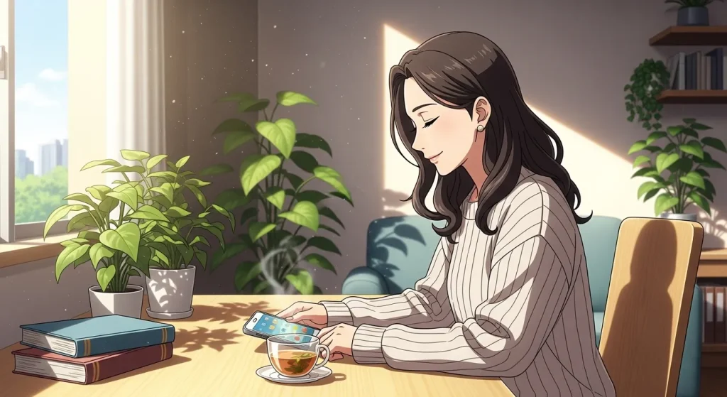 返信が遅い男性に対して落ち着いて対応する女性の様子を表したイラスト