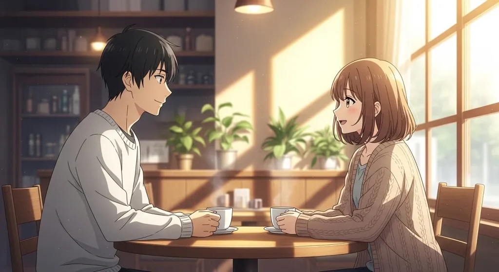 カフェで会話を楽しむ男女の様子から脈ありの可能性を感じるイラスト
