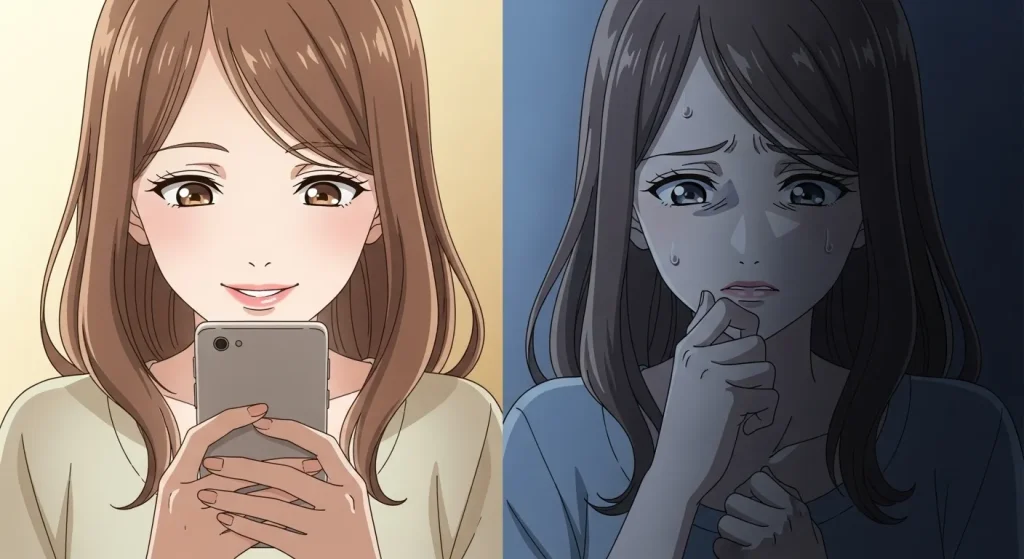 返信が来て安心する女性と返信が遅く不安になる女性の感情の違いを描いたイラスト