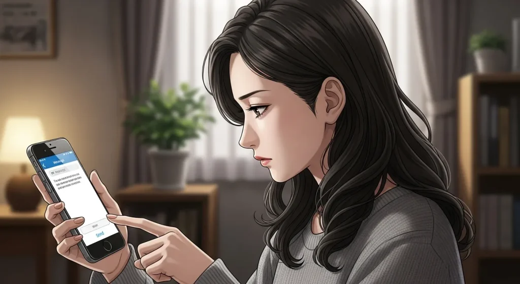 1週間既読無視された後に追いLINEを送るか迷う女性のイラスト
