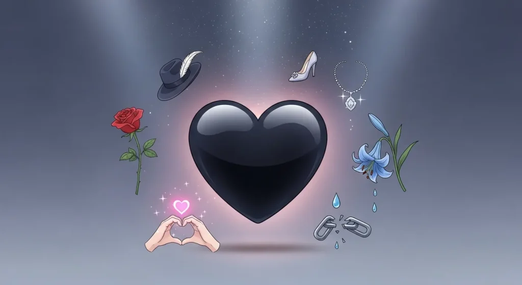 黒いハートの意味を象徴する要素が集まったイメージ（愛情・悲しみ・おしゃれ）