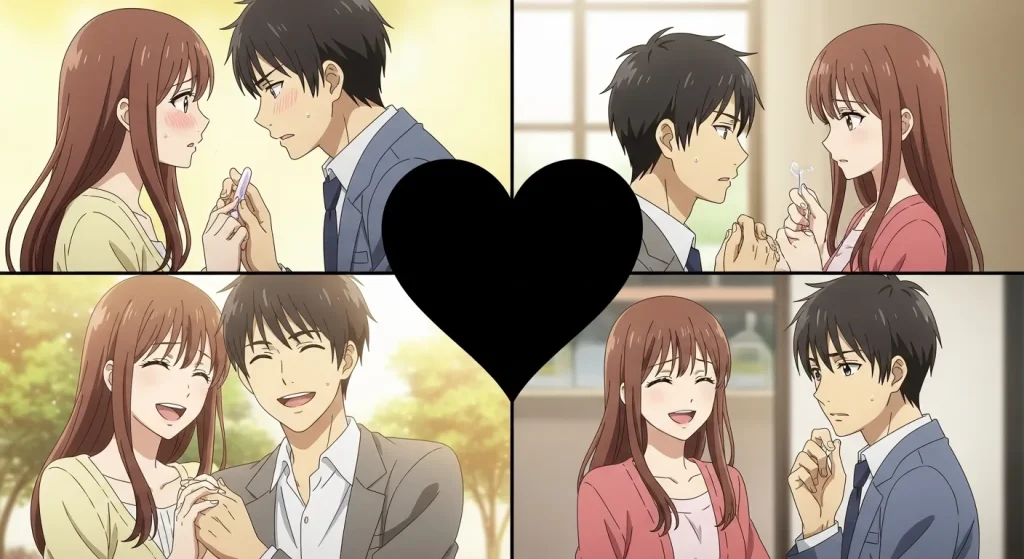 黒いハートの恋愛心理を表す男女の感情シーン（照れ・不安・喜び）