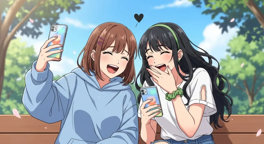 黒いハートを使って友達同士で盛り上がる女性たちのシーン