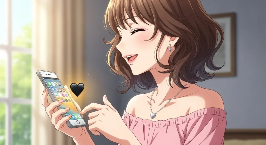 黒いハートの意味を理解して上手に使う女性のスマホ操作シーン