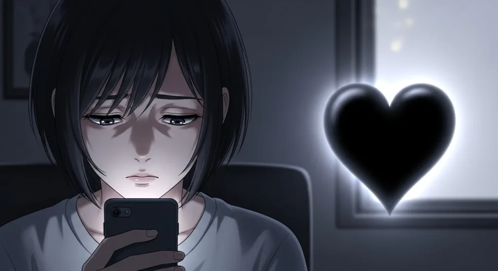 黒いハート🖤に悩みスマホを見る女性の不安な表情のシーン