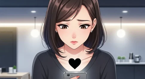 黒いハート🖤の意味に悩む女性とスマホを見るシーン