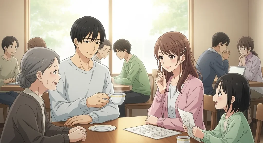 家族や周囲の人と穏やかに会話する男女のアニメイラスト。大人しい人の特徴である安心感や優しさ、魅力を表現したまとめイメージ