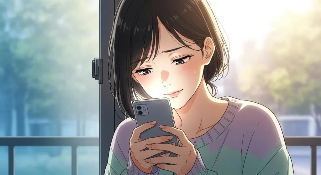 スマートフォンを見て少し安心した表情を浮かべる女性のアニメイラスト