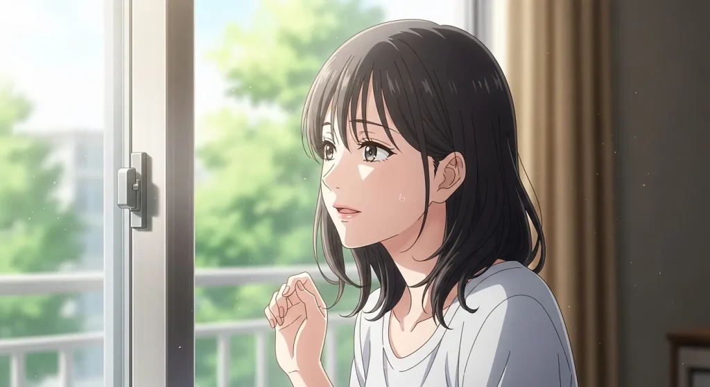 会いたいと言うのに会わない男性の本音を見極めて窓の外を前向きな気持ちで見る女性のアニメイラスト