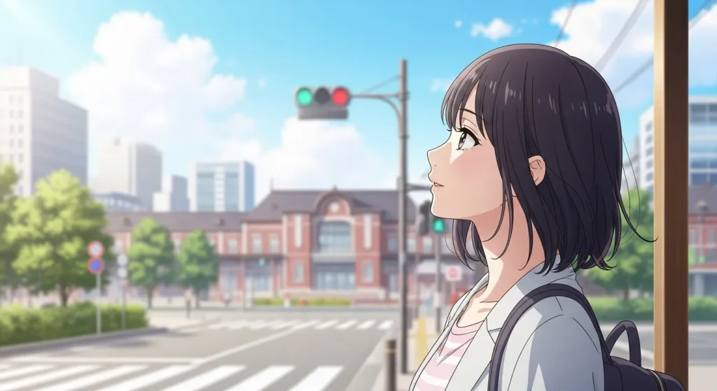 会う約束をはぐらかす男の本音を見極めて前向きに進もうとする女性のアニメイラスト。街並みを見つめる穏やかな表情