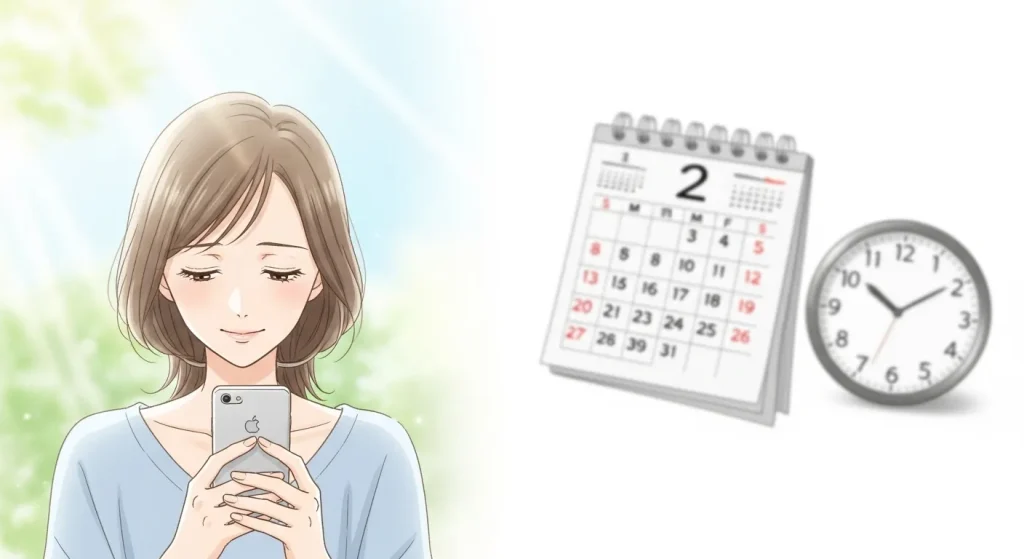 喧嘩後に連絡がこない期間を冷静に考えて落ち着いた女性のイラスト（カレンダーと時計で時間の経過を表現）