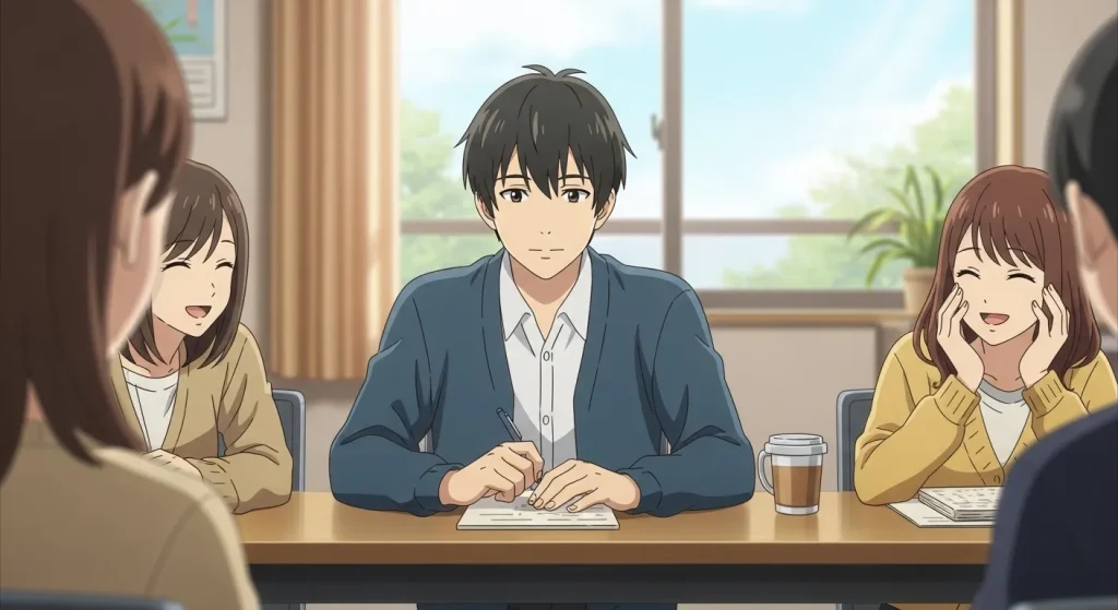 静かな人物を中心に周囲の人が笑顔で会話を楽しんでいるまとめ用アニメイラスト