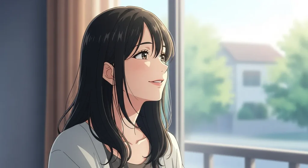 彼氏の本音を理解して気持ちが落ち着いた女性が窓の外を見つめるアニメイラスト